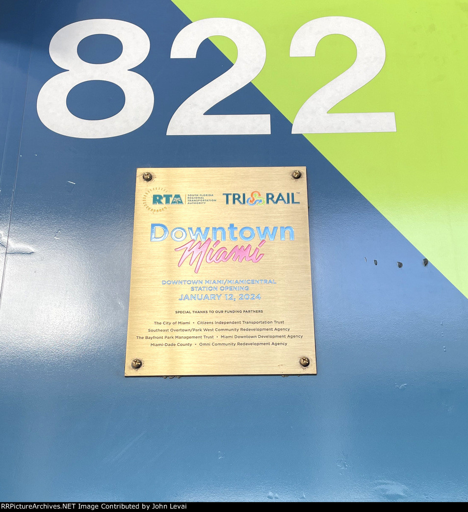 A plaque on BL36PH # 822 in honor of the startup of Tri-Rail service running into Miami Central Station in Downtown Miami